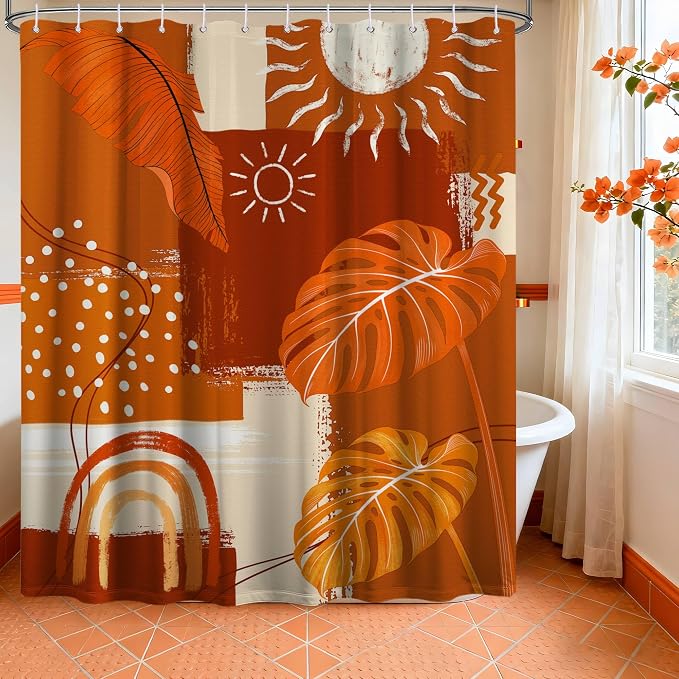 Extra Long Shower Curtain 96 Inchs Extra Tall Burnt Orange Mid Century Modern XL Abstract Leaf Shower Curtains for Large Bathroom Decor Sets, Waterproof Cloth Fabric with Hooks, 70 x 96 Inch