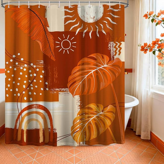 Extra Long Shower Curtain 96 Inchs Extra Tall Burnt Orange Mid Century Modern XL Abstract Leaf Shower Curtains for Large Bathroom Decor Sets, Waterproof Cloth Fabric with Hooks, 70 x 96 Inch