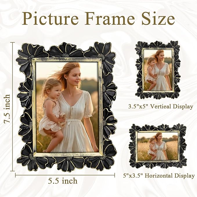 3.5x5 Vintage Flower Picture Frame, Ornate Antique Photo Frame with Glass Front, Elegant Picture Frame for for Wall or Tabletop Display, Gift ldeas for Home Decor (Black Gold)