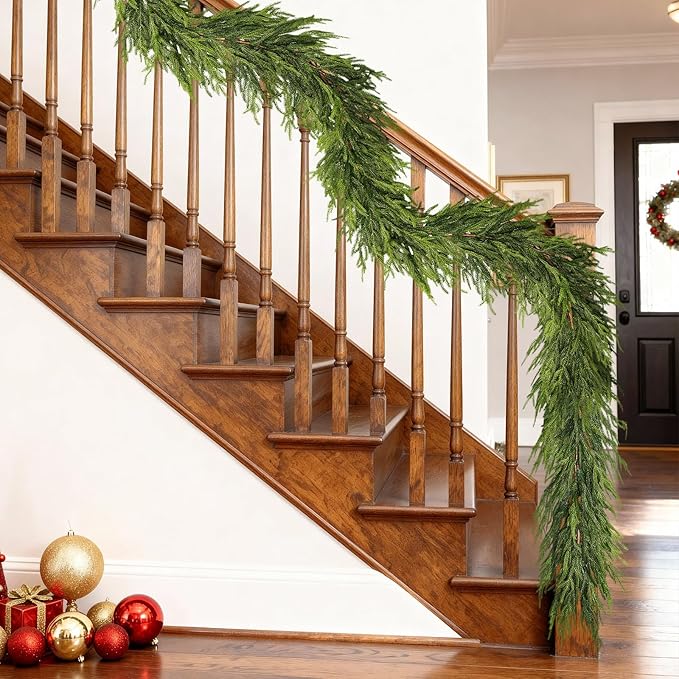 9FT Real Touch Norfolk Pine Garland - Artificial Christmas Garland Fake Green Faux Pine Needles Garland for Table Fireplace Mantle Holiday Home Indoor Outdoor Decor (2PCS)