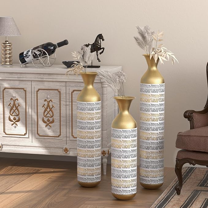 Tall Floor Vase Set of 3 - Large Vintage Modern Oversized Metal Vases for Decor Living Room, Gold Decorative for Corner Hallway