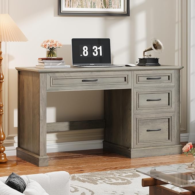 Farmhouse 47" Executive Desk, Computer Desk with Drawers and File Drawer, Workstation Computer Desk with Charging Station for Home Office,Study（Wash Grey）