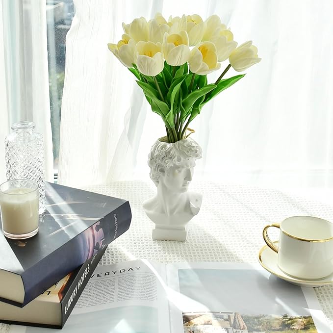 Mandy's Artificial Tulips 12 Stems Cream Partially Open PU Faux Flowers for Wedding Home Decor 13.5 Inch