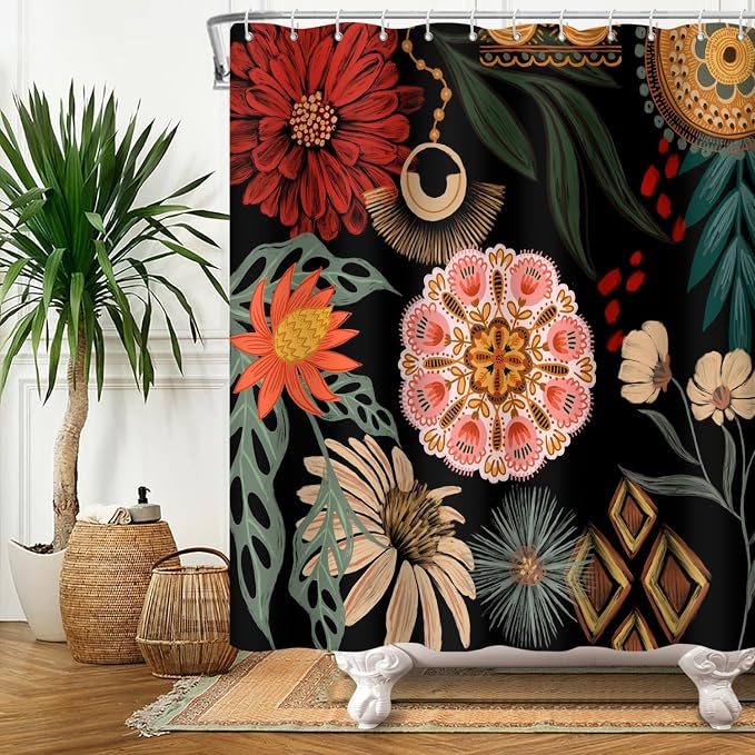 Black Boho Floral Shower Curtain Abstract Botanical Mid Century Modern Bathroom Decor Tropical Flower Shower Curtain with 12 Hooks,69x70 inches