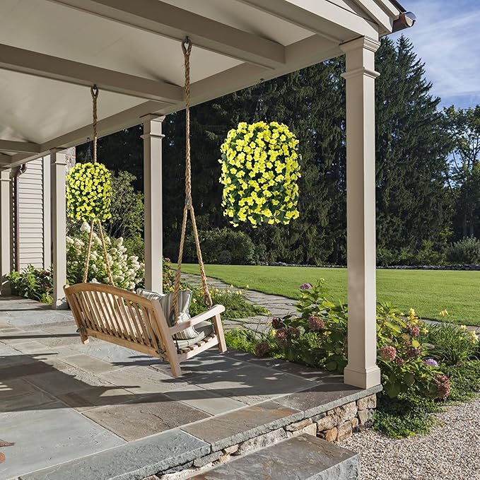 HyeFlora Artificial Fake Hanging Outdoor Flowers Plants Basket, Faux Silk Yellow Daisy Flowers UV Resistant Realistic Hanging Planter Orchid Vines for Outside Porch Patio Home Garden Yard Decoration