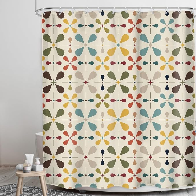 Boho Mid Century Shower Curtain Bathroom Set 71Wx78H Inches Modern Abstract Vintage Colourful Geometric Bohemian Retro Bath Accessories Water Drop Art Home Decor Fabric 12 Pack Hooks