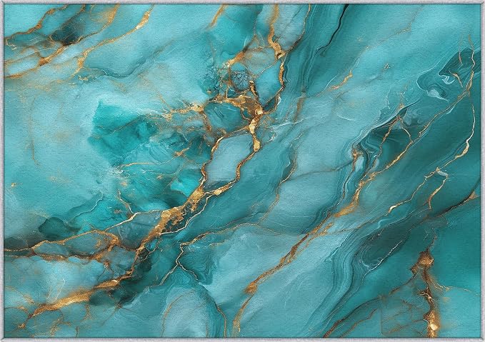 Turquoise Marble Abstract Area Rug, Blue Gold Pattern Carpet, Washable Non Slip Low Pile Soft Thin, Living Room Bedroom Home Decor Mat 5x7ft