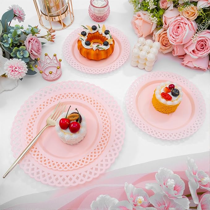 COLOSUS 60Pcs Pink Plastic Plates, Plastic Disposable Plates, Fancy Pink Scallop plates, Heavy Duty Lace Plate Set include 30 Dinner Plate 10” and 30 Salad/Dessert Plate 7.5”for Christmas