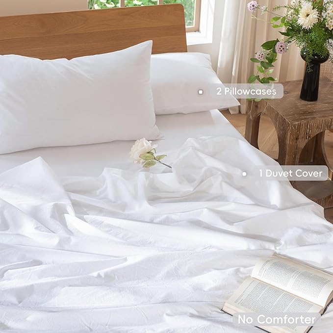 MooMee Bedding Duvet Cover Set 100% Washed Cotton Linen Like Textured Breathable Durable Soft Comfy (Solid Bright White, Super Queen 90"x98")