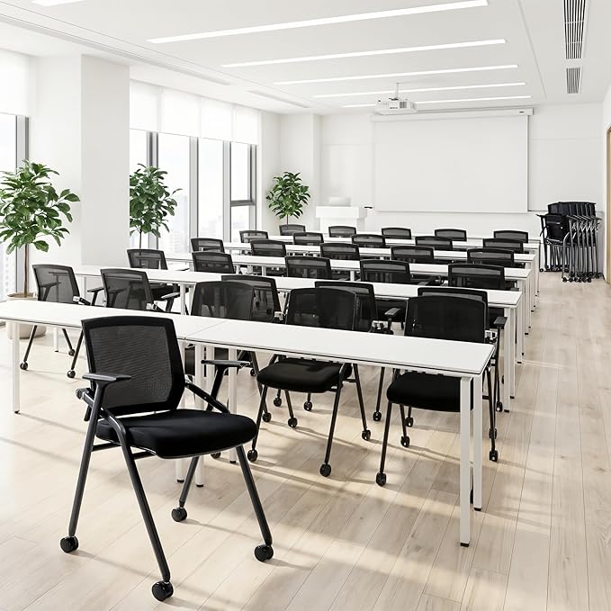 30 Pack Stackable Conference Room Chairs with Paddle Folding Office Chair Foldable Desk Chair Mesh Back and Arms for Conference Meeting Guest Reception Home Office Training Room Chair Black