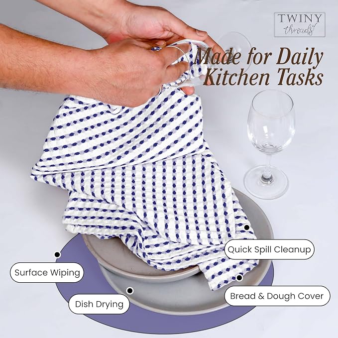 TWINY threads Waffle Kitchen Towels 4 Pack, 16x26 Inches Absorbent Waffle Weave Dish Cloth Set for Drying Dishes, Soft, Durable & Machine Washable Tea Towel, Quick Dry, Indigo Blue, White