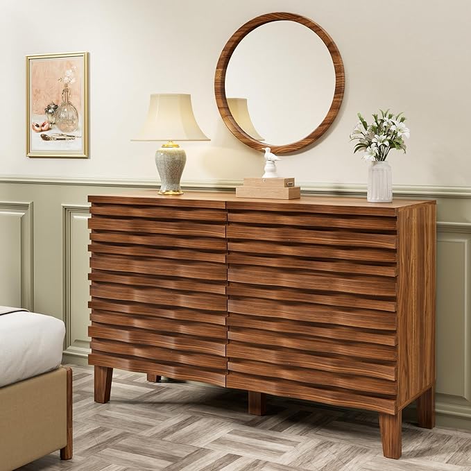 UEV Solid Wood Face 6 Drawer Dresser,Mid Century Modern Dresser with Chest,Flutted Chest of Drawers with Moire Patten for Bedroom, Living Room (Natural Wood)