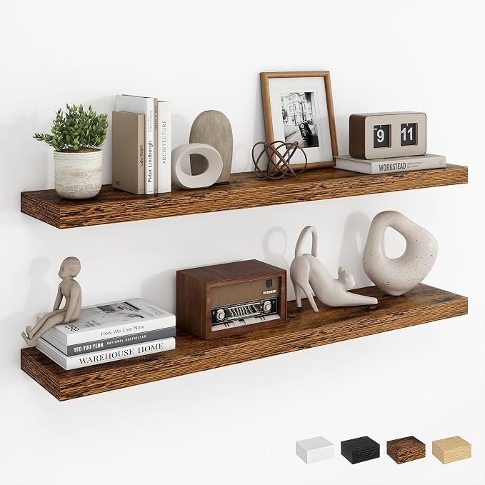 Dreamland 36Inch Floating Shelves for Wall, Rustic Wooden Floating Shelves for Bathroom|Bedroom|Kitchen, 2 Pack Deep Wall Mounted Book Shelf, Wood Storage Display Shelf for Home Decor, Brown