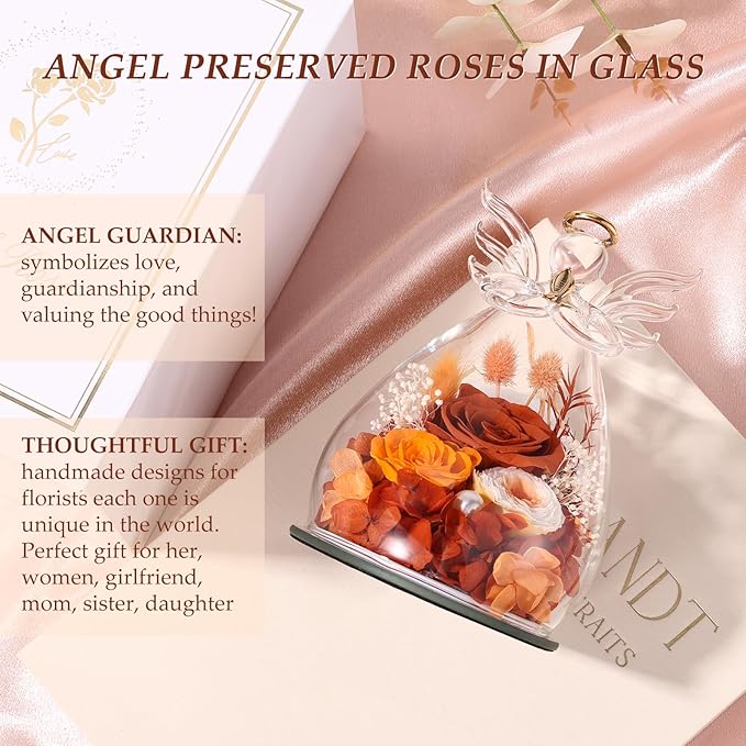 Gifts for Women Birthday Preserved Rose Forever Flower in Glass Angel Figurines Fresh Flowers for Delivery Prime for Mom Real Orange Roses for Grandma Sister Wife Her from Daughter