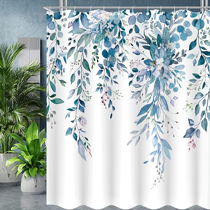84 Inch Extra Long Blue Eucalyptus Shower Curtain Watercolor Floral Plant Leaf Shower Curtains for Bathroom Botanical Flower Waterproof Fabric Bath Curtain Decor with Hooks (Blue, 72'' x 84'')