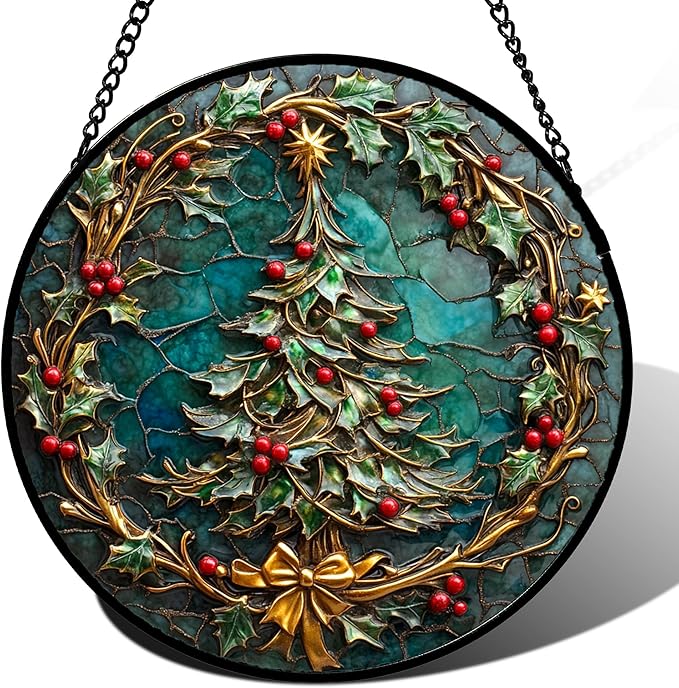 Stained Glass Window Hangings - Red Gold Green Wreath Suncatcher for Door Home Christmas Tree Decoration Sun Catcher Thanksgiving New Year Birthday Gift for Women Men Mom Grandma 9.8 in