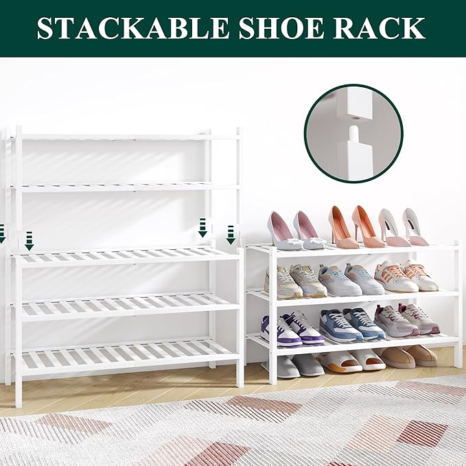 Smiry Bamboo Shoe Rack for Closet, 4 Tier Wooden Stackable Shoe Organizer, Free Standing Shoes Storage Shelf for Entryway, Front Door Entrance, White