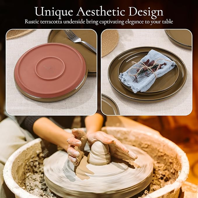E-far Stoneware Dinnerware Sets for 8, 24 Pieces Reactive Glaze Plates and Bowls Sets, Elegant Dishes with Rustic Terracotta Clay Base, Dishwasher & Microwave Safe, Scratch Resistant, Desert Camel
