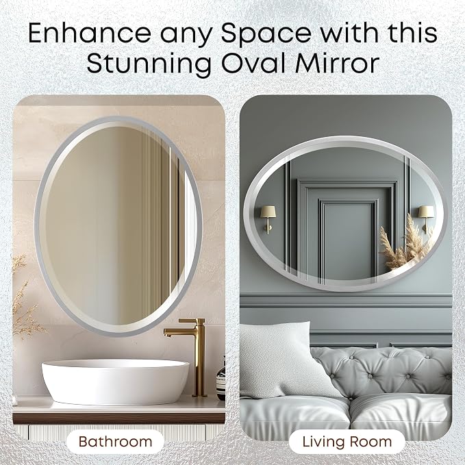 OVALCREST - Oval Wooden Beveled Wall Mirror for Home Decor, Bathroom, Vanity, Bedroom, Living Room, Hallway - London Style (Silver Spray) 37.1 x 25.1