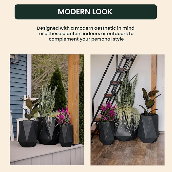 Beuta Large Planters for Outdoor Plants - Set of 3, 15.5/18/20 Inches Outdoor Planters for Porch - Tall Planter for Outdoor & Indoor Plants | Large Indoor Plant Pot- USA Made - Black