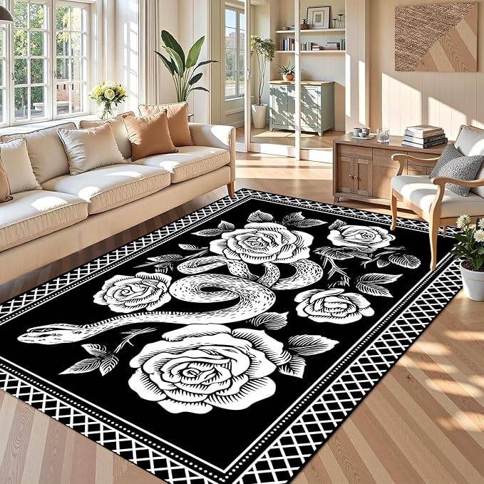 6'x9' Gothic Snake and Rose Area Rug Black and White Floral Vine Floor Mat Retro Boho Carpet Washable Low Pile Indoor Rugs for Entryway Bedroom Living Room Kitchen Home Decor