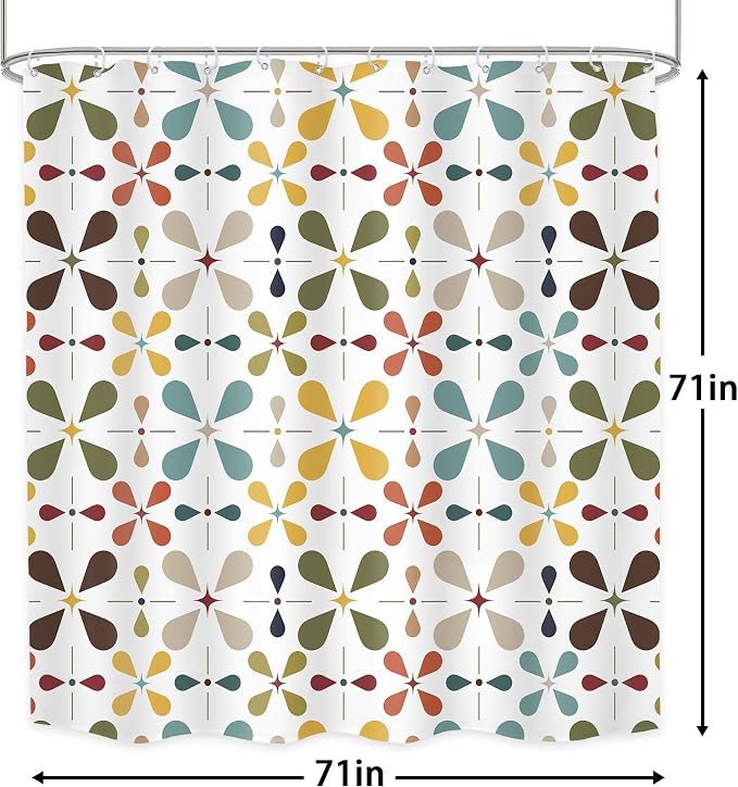 White Boho Mid Century Shower Curtain Bathroom Set 71Wx71H Inches Modern Vintage Abstract Bohemian Colourful Geometry Retro Bath Accessories Aesthetic Girly Art Home Decor Fabric 12 Pack Hooks