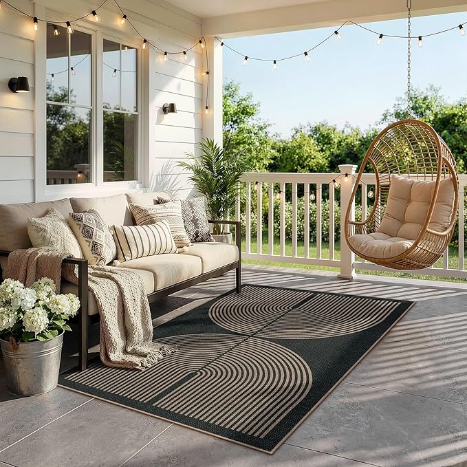 Lahome Enfys Modern Rainbow Easy Jute Outdoor Patio Rug, 3x5 Black Washable Rugs for Entryway Office Farmhouse Classroom Carpet, Contemporary Non Slip Front Door Mat for Porch Guestroom Room Decor