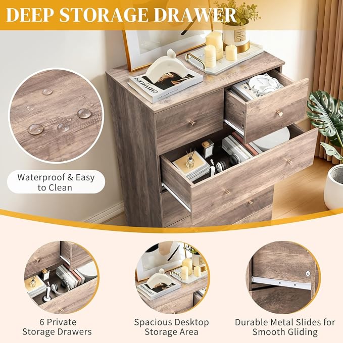 Karl home Grey 6 Drawer Dresser for Bedroom, Modern Wood Dresser Chest of Drawers, Bedroom Modern Nightstand, Anti-Tipping Device, Rose Gold Metal Handle, Living Room, Hallway, Office