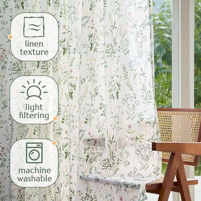 jinchan Floral Linen Blend Curtains for Living Room 96 Inch Length French Country Farmhouse Printed Curtains Sage Green on White Rod Pocket Back Tab Light Filtering Window Drapes 2 Panels