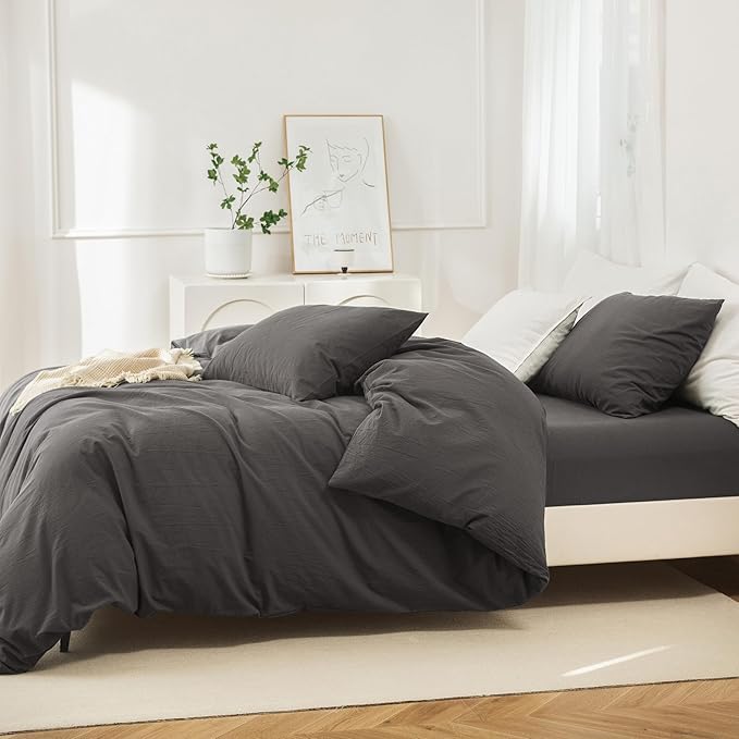 JIYUAN 100% Washed Cotton Duvet Cover Set 3 Pieces Queen, 1 Duvet Cover 90x90 Inches(Comforter Not Included) and 2 Pillowcases,Linen Feel Bedding Set Comfy and Breathable,Solid Dark Grey