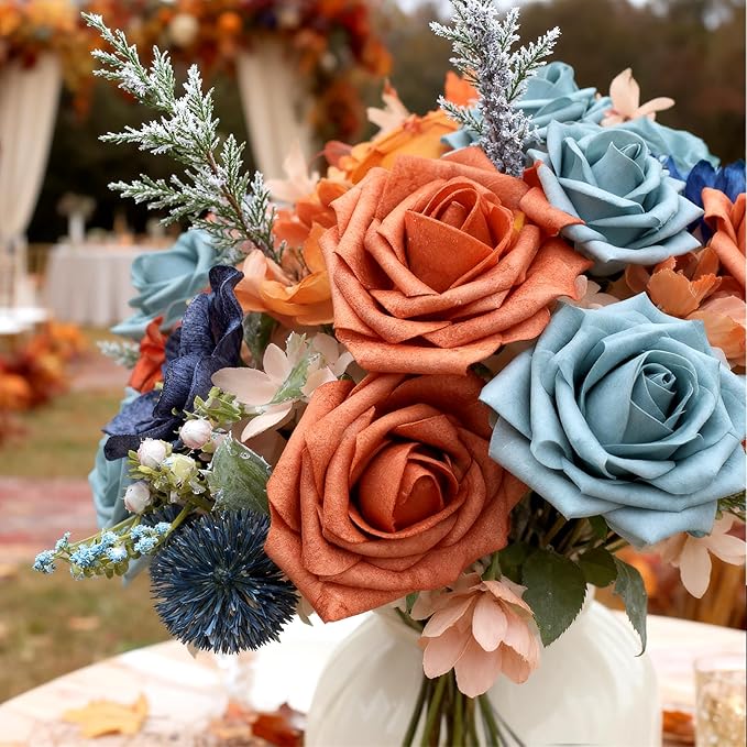 SwanMoon Artificial Flowers Combo Box Set, Halloween 26pcs Orange Silk Roses & Daisy with Stems for DIY Wedding Bouquets, Autumn Party Centerpieces & Home Decor