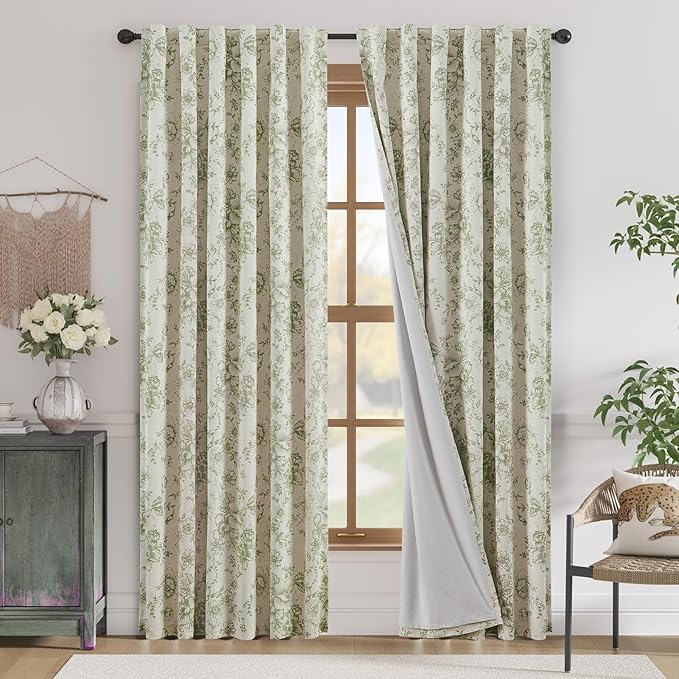 jinachan Blackout Curtains Linen Blend Floral Curtain for Living Room 84 Inch Length Christmas Sage Green Flower Printed with Lined Blackout Drapes for Bedroom Farmhouse Curtains Set 2 Panels