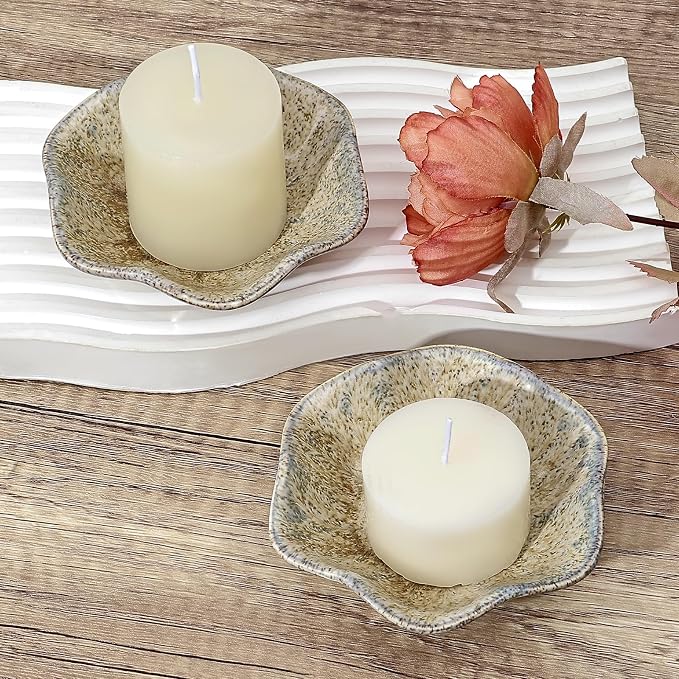 Koythin 2-Piece Ceramic Candle Holder, Aesthetics Candlestick Holders for Tea Lights, Lotus Leaf Shape Candle Stand for Mantle Table, Adorable Vintage Decor for Weddings Dining (Khaki)