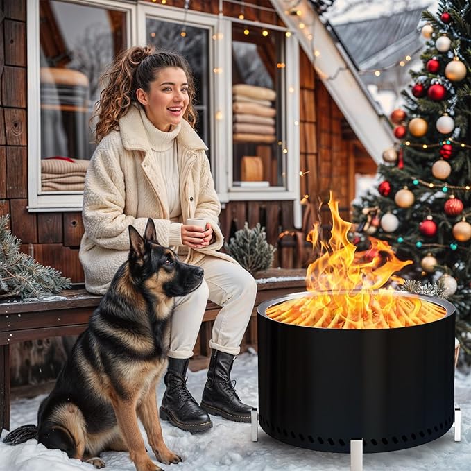HGD 28" Smokeless Firepit with Stand, Stainless Steel Wood Burning Fire Pit for Friends & Family Gatherings, Secondary Combustion Outdoor Patio Stove for Garden BBQ & Bonfire (Black)