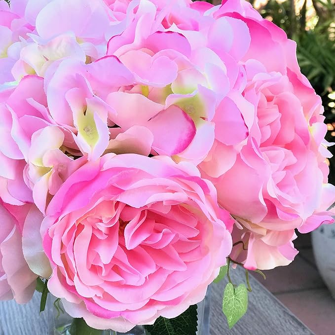 Enova Home Peony and Hydrangea Mixed Artificial Silk Flower Arrangement with Clear Glass Vase for Home Wedding Decor (Pink)