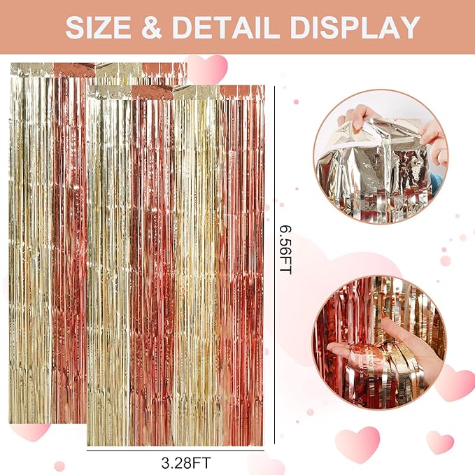 TONIFUL Valentine's Day Door Streamers,Rose Gold and Light Gold Photo Booth Backdrop Metallic Streamers Foil Fringe Curtain for Birthday Bridal Shower Engagement Party Decoration