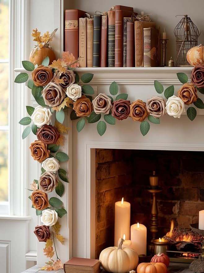 InnoGear Artificial Flowers, 50 Pcs Shades of Earth Tones Foam Fake Roses Bulk with Stems for Autumn Fall Decoration DIY Wedding Bouquets Centerpieces Bridal Shower Party Christmas Tree