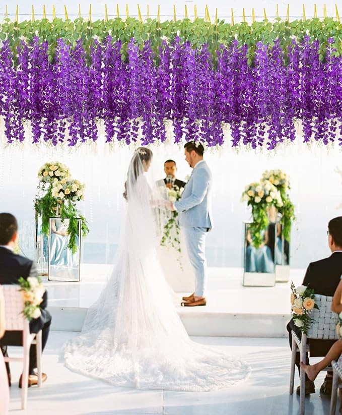 12 Pack Artificial Flowers Silk Wisteria Vine Ratta Hanging Flower (Blue)