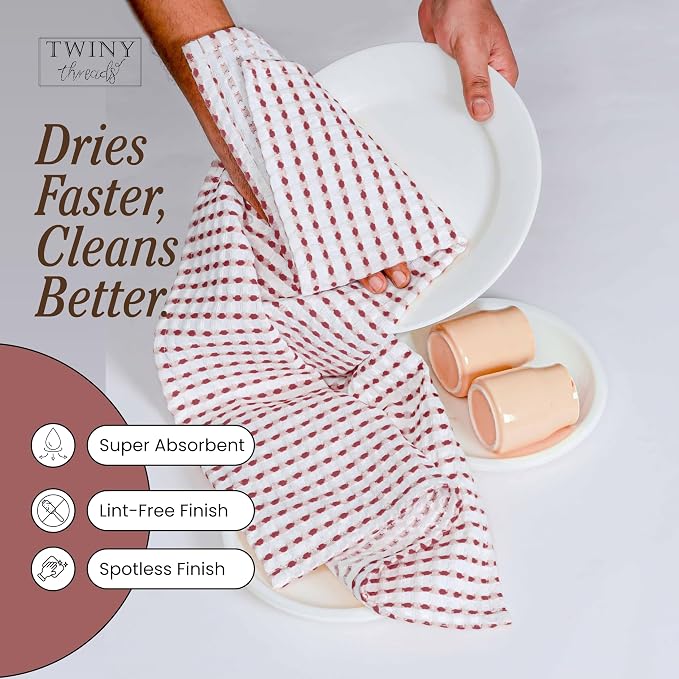 TWINY threads Waffle Kitchen Towels 100% Cotton Set of 4, Ultra Absorbent Dishcloth Set, Absorbent, Quick Dry & Soft Waffle Texture Cloths for Drying Dishes & Household Cleaning, Rust & White