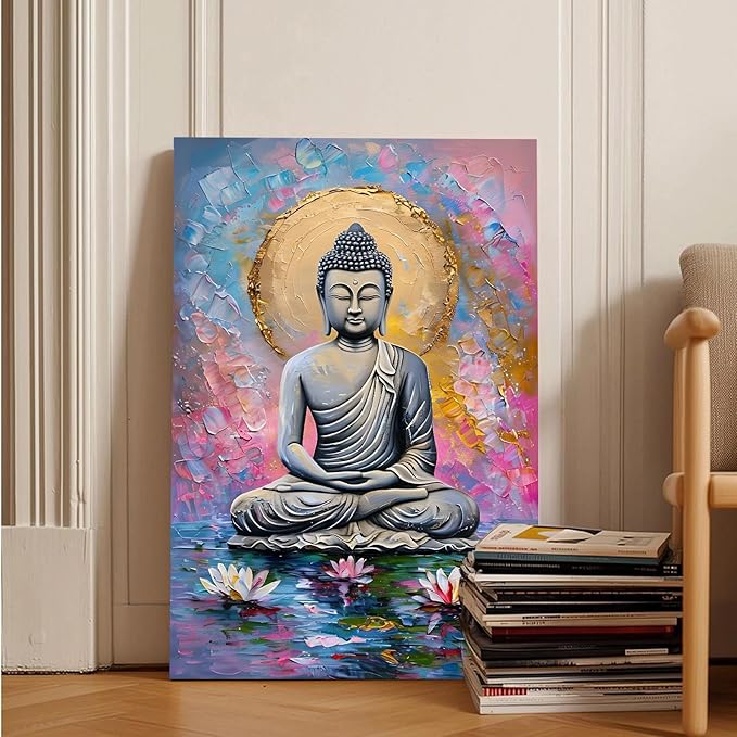 Lotus and golden Buddha meditation tranquil zen wall art mindfulness wall art for spiritual harmony and tranquility decor 8x12in Frameless