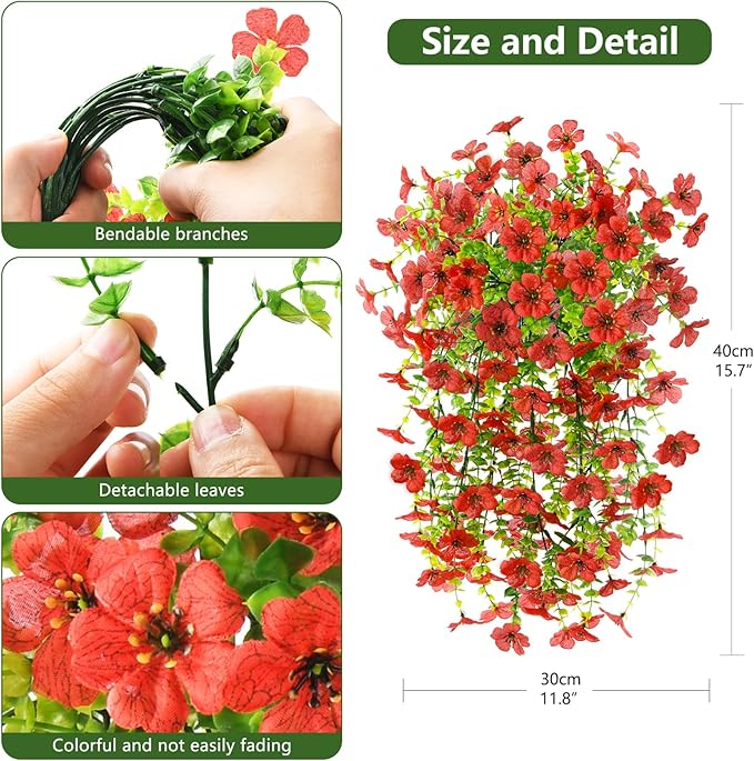 Homsunny Artificial Fake Hanging Flowers Plants for Outdoor Spring Decorations, 2PCS Faux Daisy Silk Flower Outside No Fade UV Resistant Realistic Home Decor for Porch Patio Window Box (ChujuDH-Red