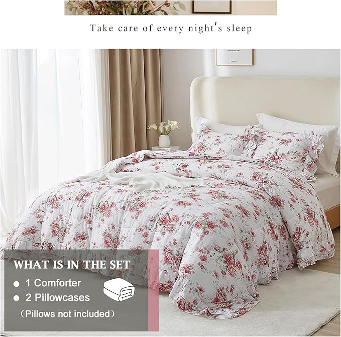 VM VOUGEMARKET Ruffle Comforter Set Twin XL Red Rose Flower Comforter Romantic Floral Bedding Set Soft Microfiber Botanical Bedding Comforter Set 1 Flower Ruffled Comforter with 2 Pillowcases