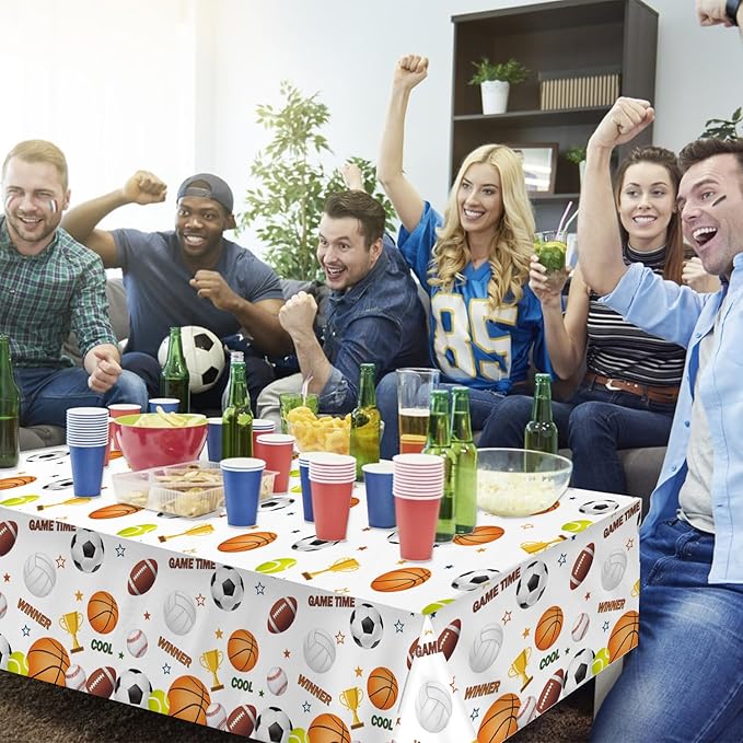 4 Pack Sports Tablecloths, 54 x 108 Inch, Multicolor, Rectangular, Plastic, Sports Party, Spill Resistant, Wipe Clean