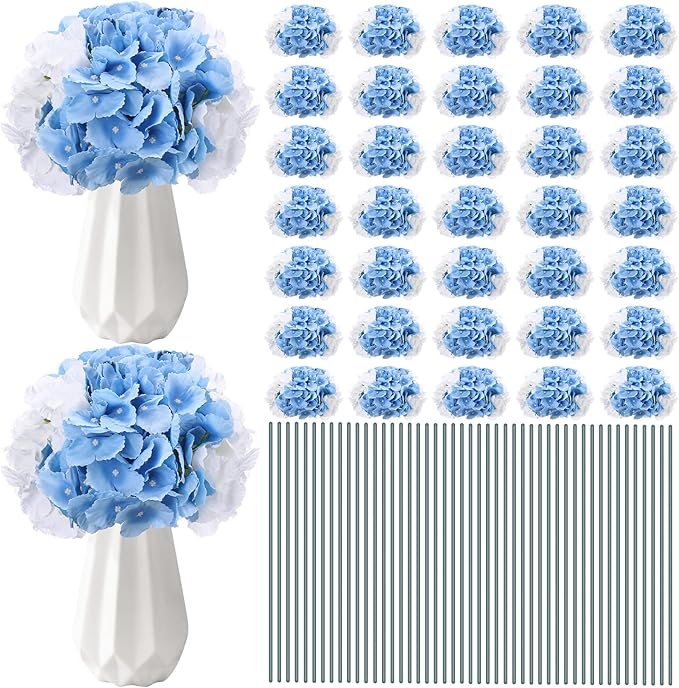 Unittype Silk Hydrangea Artificial Flowers Heads with Stems Faux Hydrangea Flowers for Wedding Centerpieces Bouquets DIY Floral Decorations for Home Indoor(White and Sky Blue,300 Pieces)