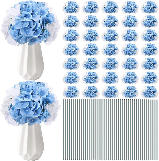 Unittype Silk Hydrangea Artificial Flowers Heads with Stems Faux Hydrangea Flowers for Wedding Centerpieces Bouquets DIY Floral Decorations for Home Indoor(White and Sky Blue,300 Pieces)