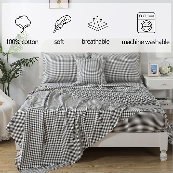FADFAY Black Plaid Twin XL Size Sheets 100% Cotton Geometric Checker Bedding Teens Grid White Gingham Pattern College Bedding Deep Pocket Sheets with 2 Pillowcases Ultra Soft 4pcs, Twin Extro Long