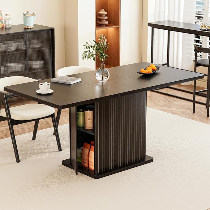 Extendable Black Kitchen Dining Table for 4-6, 47-65 Inch Rectangle Dining Room Table with 2 Doors, Large Storage, Wood Fluted Mid Century Modern Furniture for Dinner, Living Room, Space Saving