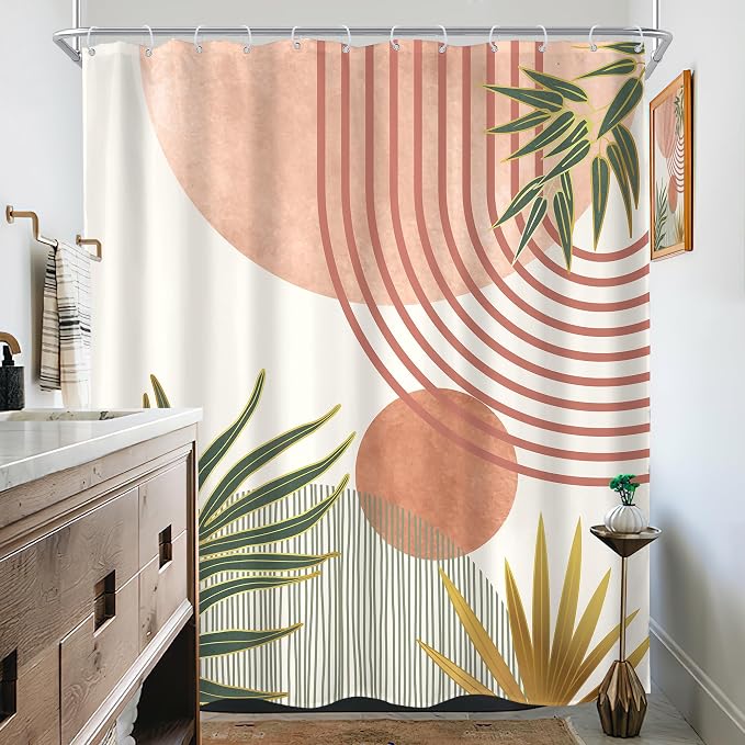 KOMLLEX Mid Century Pink Green Boho Shower Curtain for Bathroom Decor 72Wx78H Inches Abstract Modern Orange Gold Botanical Minimalist Arch Sun Fabric Waterproof Polyester 12 Pack Hooks Pack Hooks