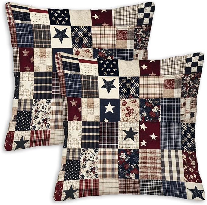 Printed Faux Patchwork Americana Throw Pillow Covers Set of 2 | Country Decorative Square Cushion Cases for Couch and Living Room | 18x18 Inches | Farmhouse Pillow Cases for Home Decor