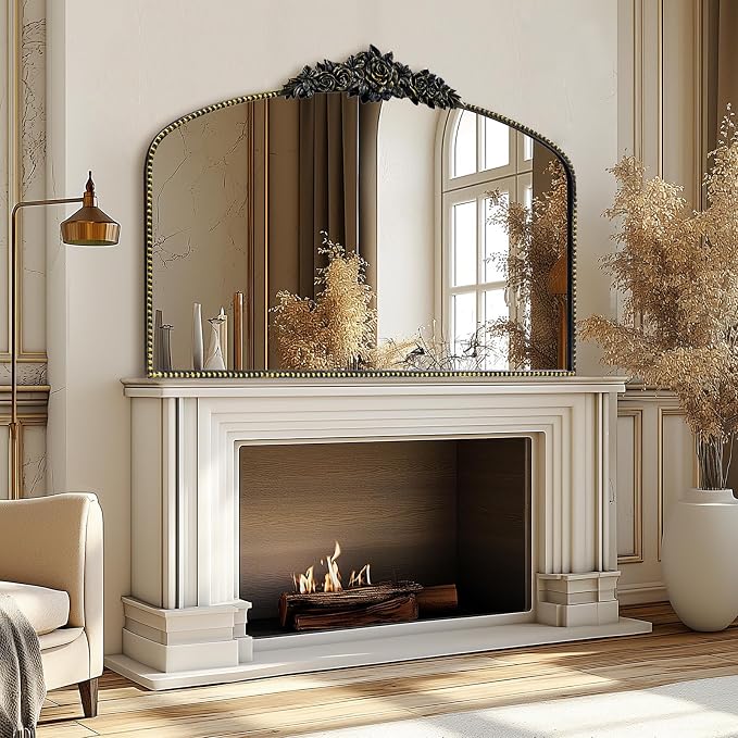 Antique Black Arched Mirror 48"x30", Victorian Vintage Black Mirrors with Ornate Metal Frame, Baroque Mirrors for Fireplace/Entryway/Dining Room/Living Room/Bathroom
